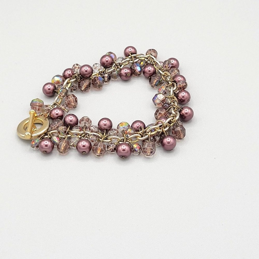 Womens Gold Tone Metal Multicolor Beads Charm Bracelet Toggle Clasp Size 6 3/4
